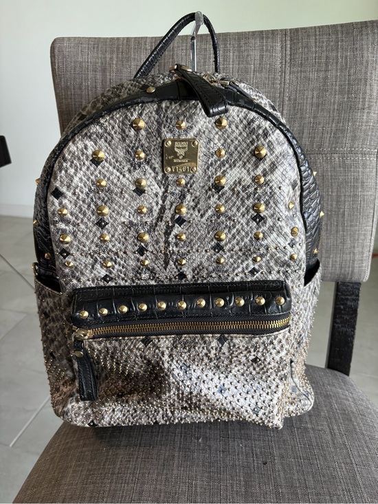 MCM Handbags - MCM Visetos Studded Mini Backpack - Black & Beige Snakeskin